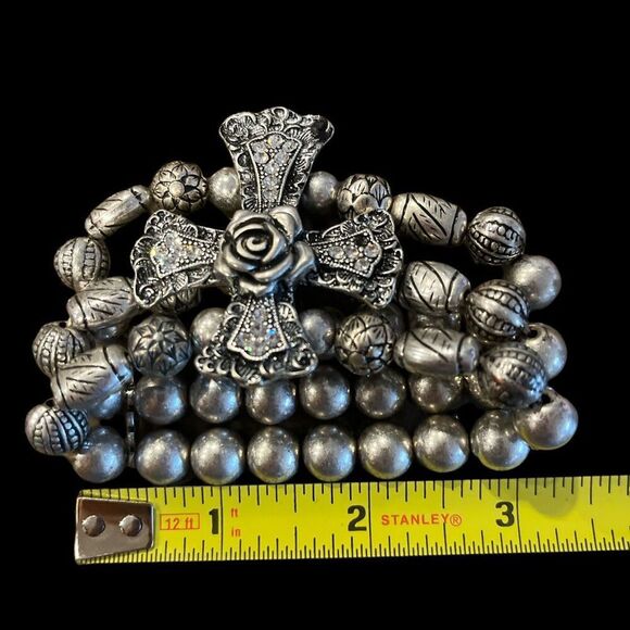 Chunky Silver Three Row Beaded Stretch Bracelet With Cross - Picture 4 of 4